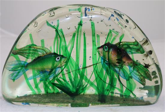 A Murano fish aquarium glass block sculpture, in the manner of Cenedese, W.24.5cm, remnants of old later paint